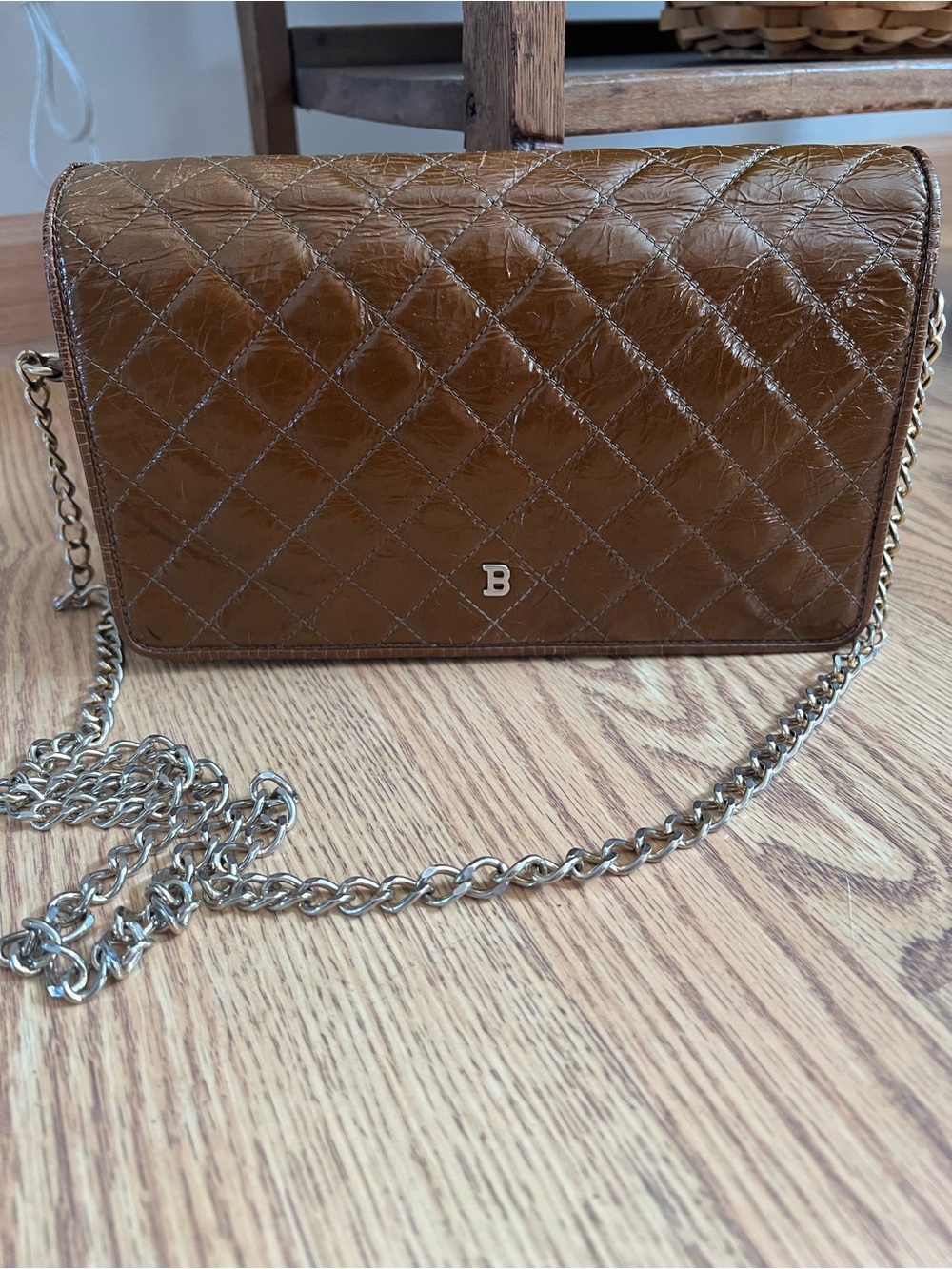 Bally Quilted Brown Leather Crossbody with Silver Chain
